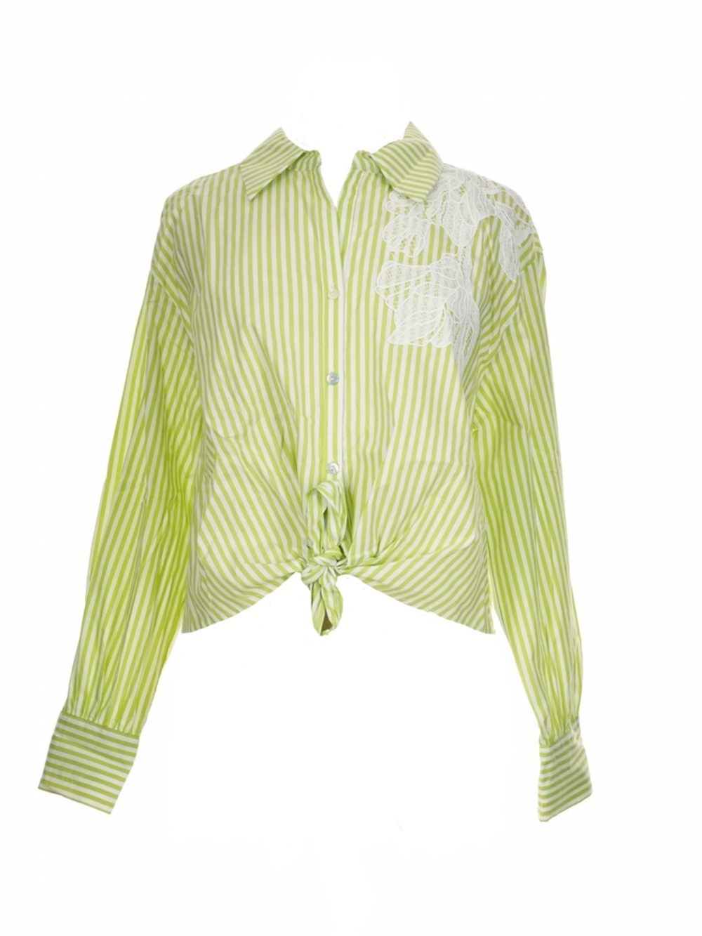 Marc New York Stripe Tie Front Crop Blouse Lace Detail Lime Green Chic